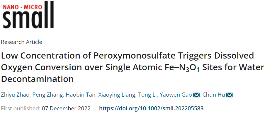 ​广大Small：低浓度PMS在Fe-N3O1位点上产生活性氧助力水净化