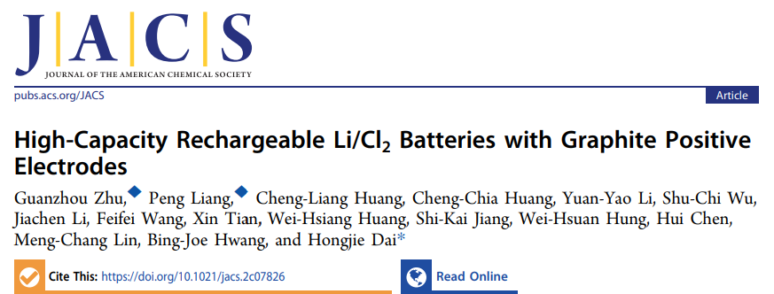 戴宏杰院士JACS：基于石墨正极的高容量可充电Li/Cl2电池