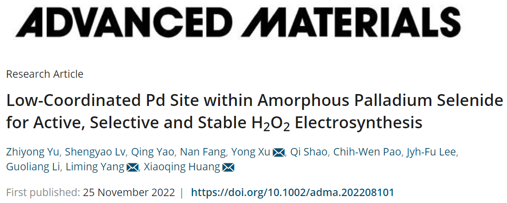 黄小青/杨利明/徐勇AM：a-PdSe2 NPs实现高活性、选择性和稳定的H2O2合成