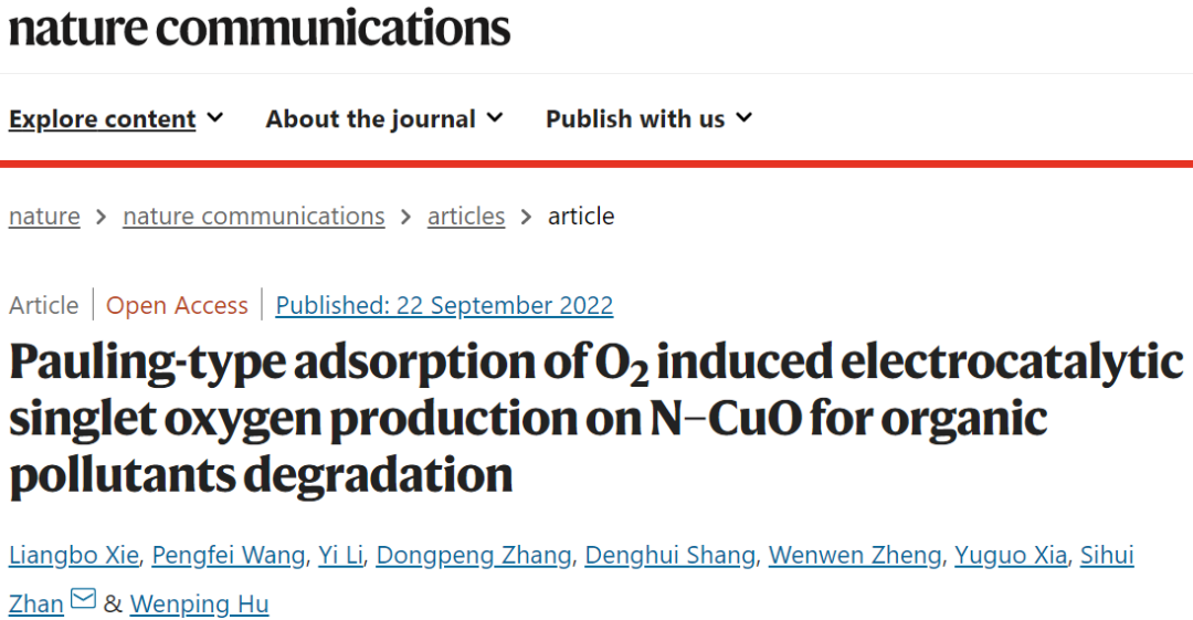 Nature子刊：N-CuO电催化O2产生1O2以降解有机污染物