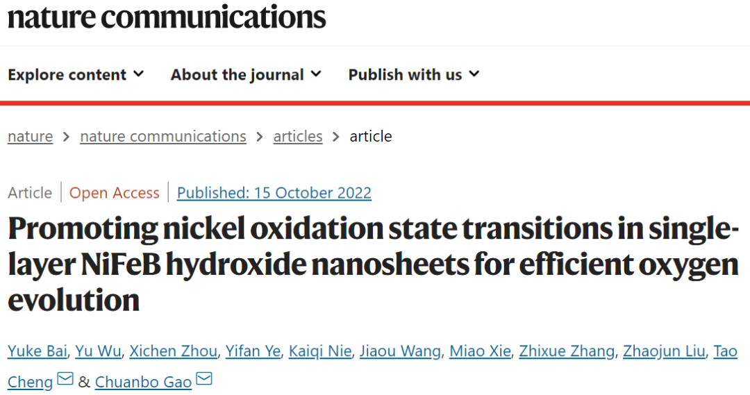 高传博&程涛Nature子刊：NiFeB氢氧化物纳米片实现高效OER