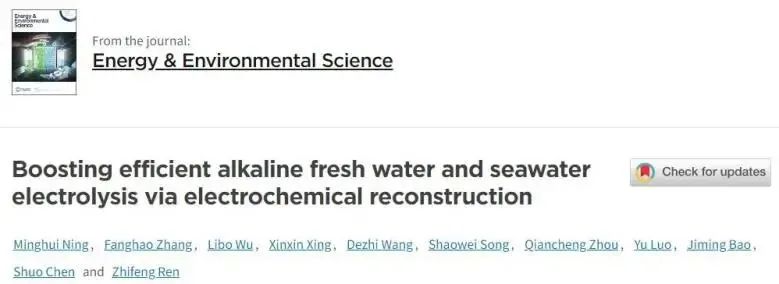 ​任志锋/陈硕EES: 通过电化学重建促进高效碱性淡水和海水电解