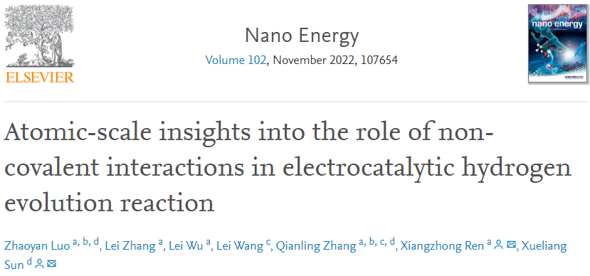 孙学良/任祥忠Nano Energy: 原子尺度洞察非共价相互作用在电催化HER中的作用