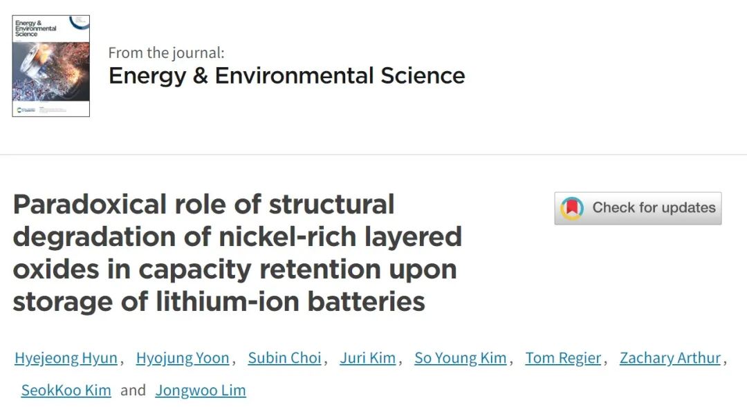 ​首尔大学EES：富镍正极退化对锂电存储性能的影响
