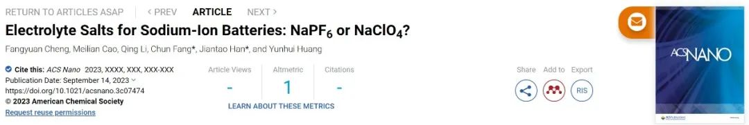 华科大韩建涛/方淳ACS Nano：NaClO4和NaPF6，谁更适合钠离子电池？