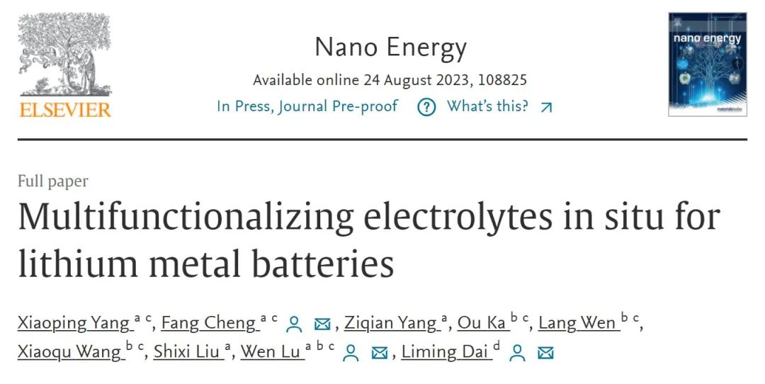 戴黎明/卢文/成方Nano Energy：用于锂金属电池的原位多功能化电解液