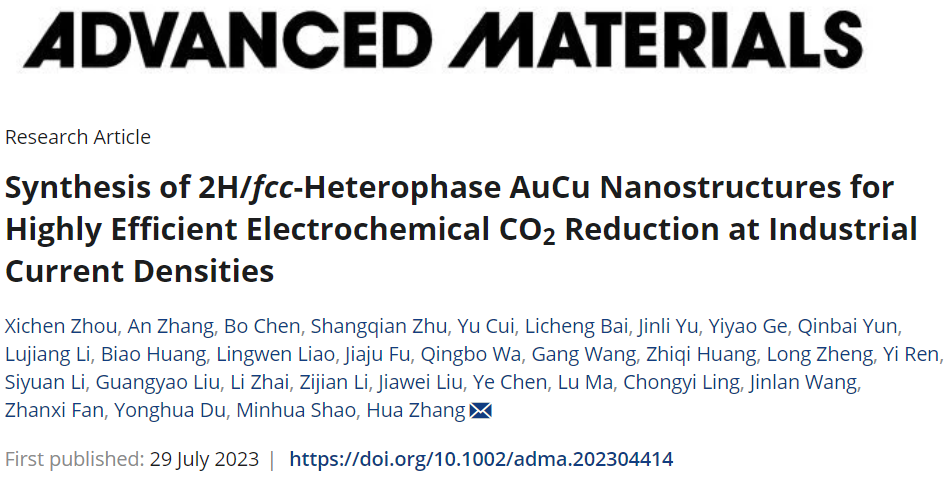 张华教授AM：工业电流密度下2H/fcc Au99Cu1高效电化学CO2还原