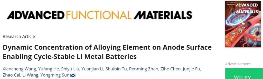 华科孙永明AFM：负极表面合金元素的动态富集实现稳定循环的锂金属电池