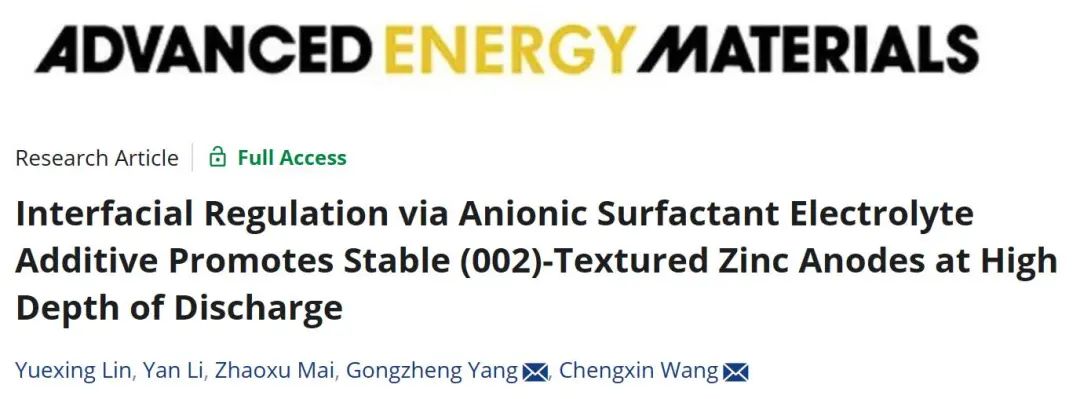 王成新/杨功政AEM：电解质添加剂的界面调节促进高放电深度下稳定的（002）织构锌负极