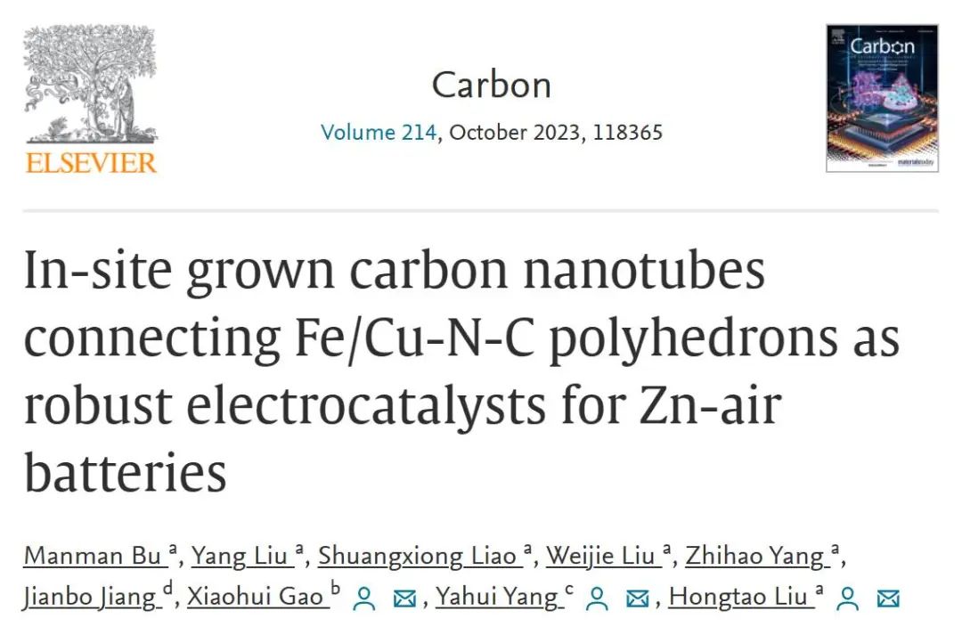 ​中南/湖南师大Carbon：原位生长的碳纳米管连接 Fe/Cu-NC 多面体用于锌空电池