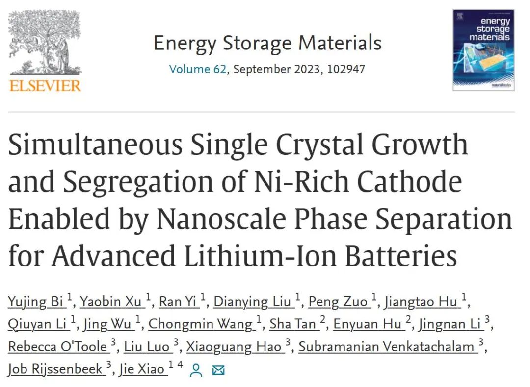 ​肖杰EnSM：通过先进锂离子电池的纳米级相分离实现富镍正极的单晶生长和偏析