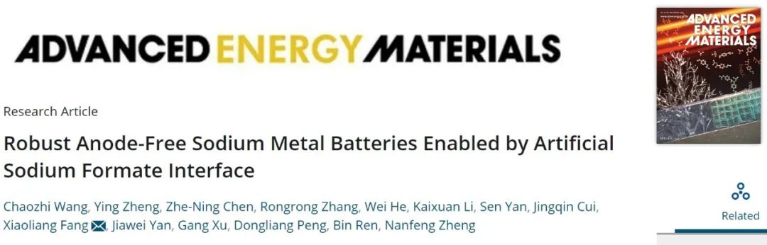 厦门大学方晓亮AEM：人工甲酸钠SEI使无负极钠金属电池成为可能