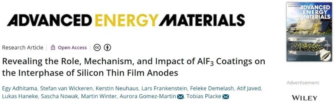 AEM：揭示AlF3涂层对硅负极界面的作用、机理和影响