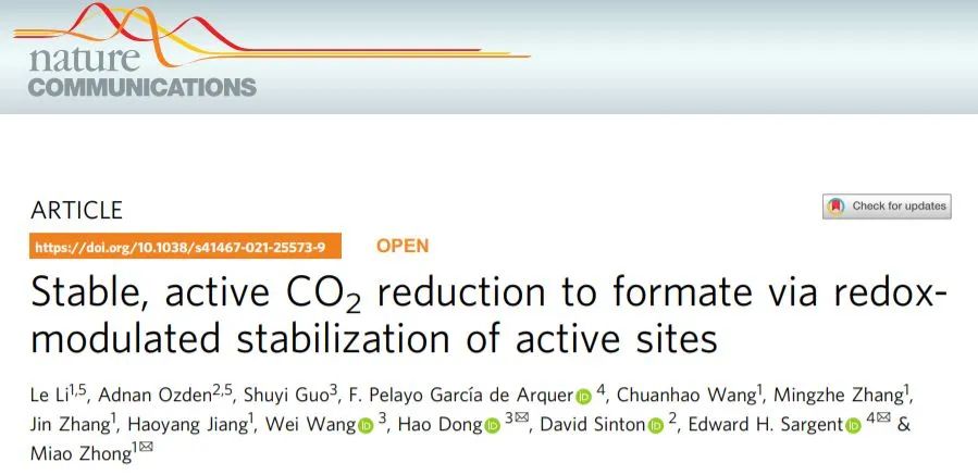 Edward H. Sargent/钟苗/董昊Nature子刊: 稳定的活性位点促进电催化CO2还原为甲酸
