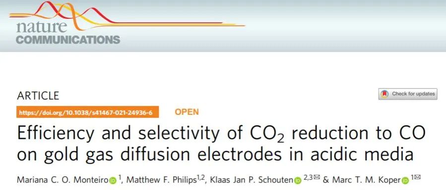 Nature子刊：金气体扩散电极上CO2高效和高选择性还原为CO