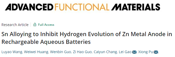 蒲雄/高磊AFM：锡合金抑制可充电水系电池中锌金属负极析氢和枝晶