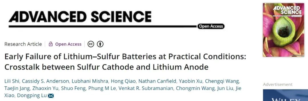 Adv. Sci.：揭示实用条件下锂硫电池早期失效的根本原因！
