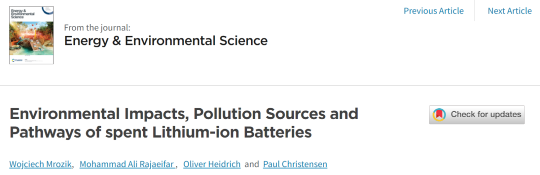 EES：参考309篇文献讲述废旧锂电池的环境影响、污染源和途径