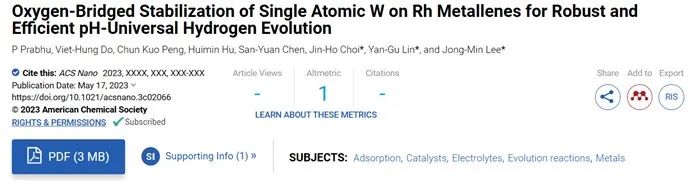 ACS Nano：单原子W在Rh金属上的氧桥稳定化实现高效析氢