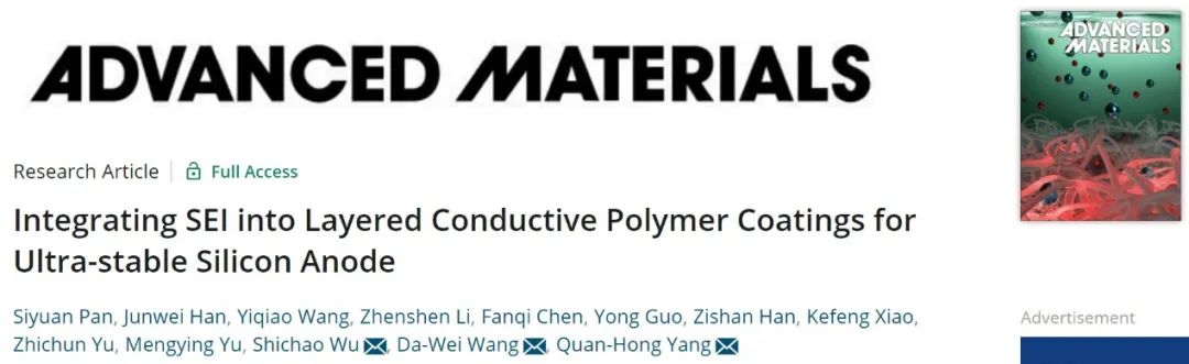 杨全红/吴士超/王大伟AM：可与SEI集成的聚合物涂层实现超稳定硅负极！