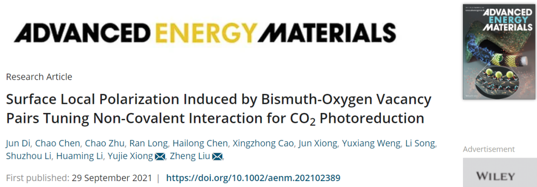 刘政/熊宇杰AEM：Bi-氧空位对诱导的表面局域极化调节CO2光还原的非共价相互作用