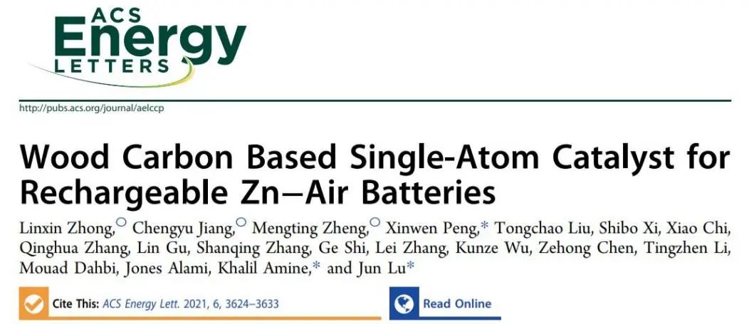 ACS Energy Letters：木碳基单原子催化剂用于可充电锌-空气电池