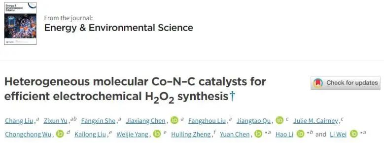 悉尼大学/日本东大EES：H2O2选择性超90%! 多相分子Co-N-C催化剂实现高效电化学合成H2O2