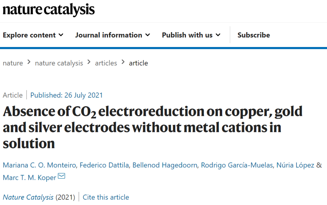 Nat. Catal.：溶液中不含金属阳离子的Cu、Au和Ag电极上无CO2电还原