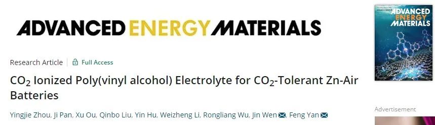 苏大/东华AEM：用于耐CO2锌-空气电池的CO2离子化PVA电解质