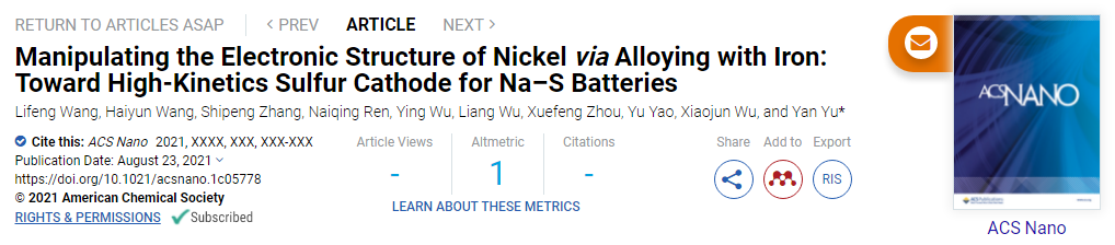 中科大余彦ACS Nano: 通过与Fe合金化调控Ni的电子结构，用于Na-S电池高动力学硫正极