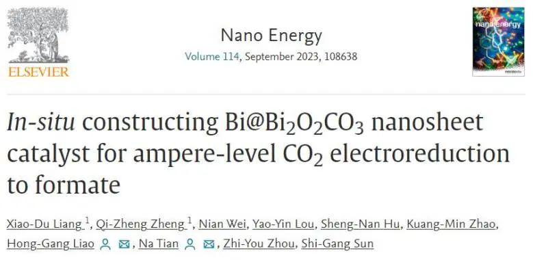 田娜/廖洪钢Nano Energy：原位构建Bi@Bi2O2CO3纳米片，实现安培级CO2电还原制甲酸盐