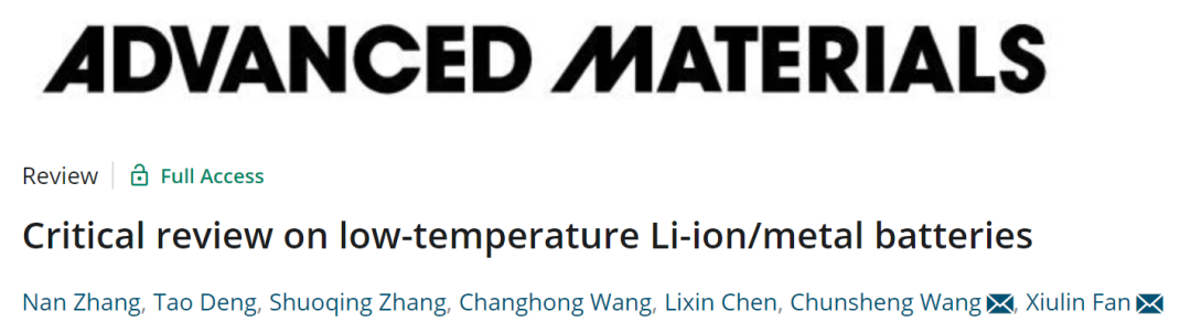 王春生/范修林AM综述: 低温锂离子/金属电池的潜在机制与策略