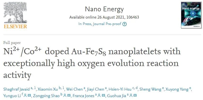 Nano Energy: Ni2+/Co2+掺杂的Au-Fe7S8纳米片具有极高的OER活性