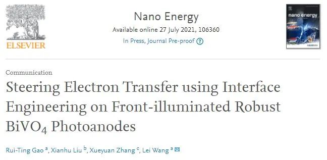 内蒙古大学王蕾Nano Energy: 诱导界面工程控制PEC HER BiVO4光阳极电子转移