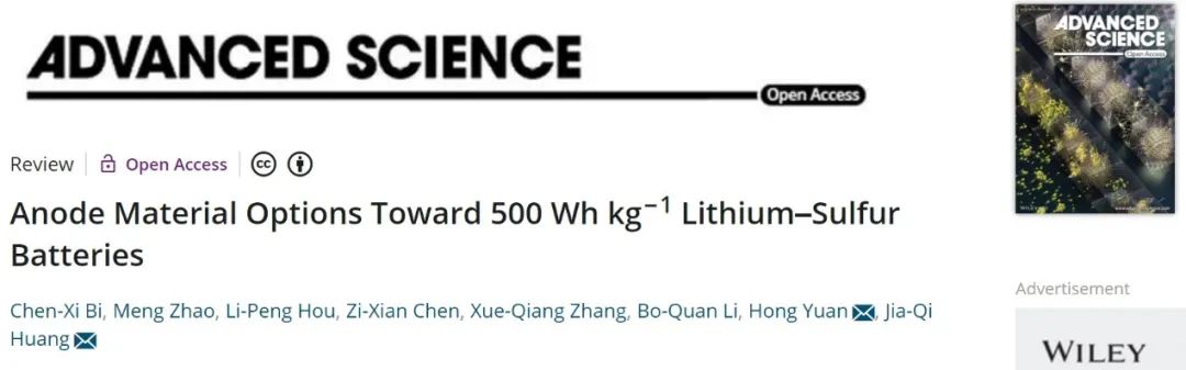 北理黄佳琦/袁洪Adv. Sci.：500 Wh/kg锂硫电池的负极材料选择