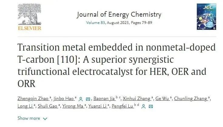 【纯计算】JEC：过渡金属嵌入大孔碳结构作为HER、OER和ORR的优越协同三功能电催化剂