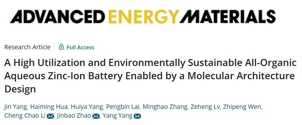 赵金保/杨阳/李成超AEM：分子结构设计实现的高利用率和环境可持续的全有机水系锌离子电池