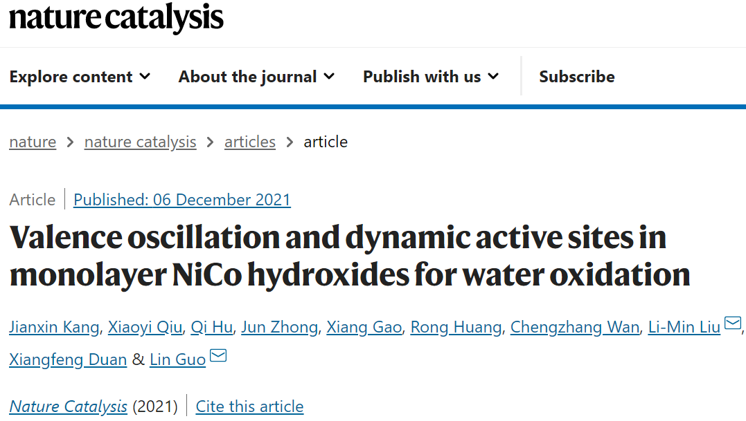 北航刘利民/郭林Nat. Catal.：单层NiCo氢氧化物用于电催化OER，并揭示其价态变化和动态活性位点