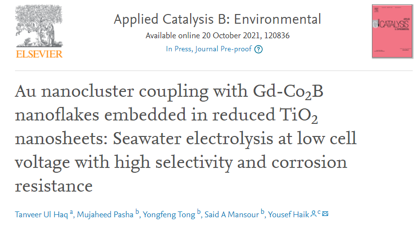 Appl. Catal. B.：低电压，大电流！Au-Gd-Co2B@TiO2用于电催化海水分解
