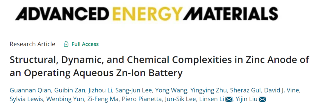 刘宜晋/李林森AEM：运行中水系锌离子电池负极结构、动力学和化学特征
