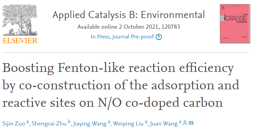 浙大王娟Appl. Catal. B.：构建N/O共掺杂碳上的吸附位点和反应位点来提高类芬顿反应效率