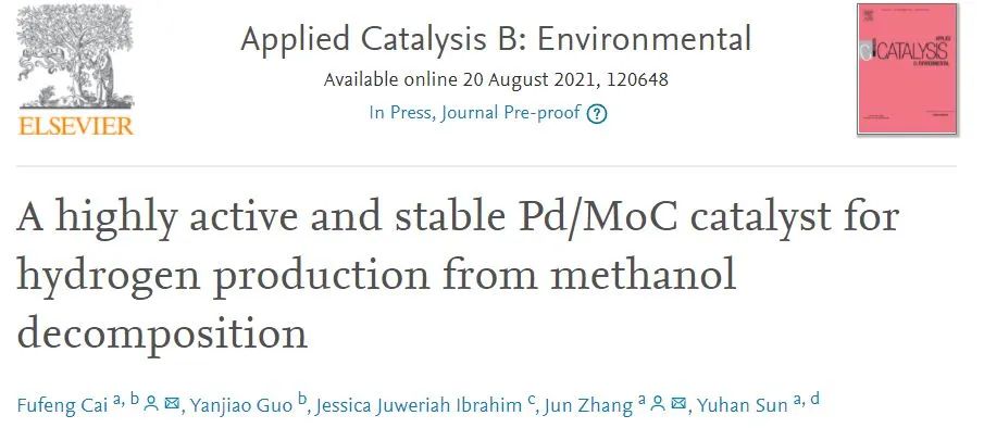 Appl. Catal. B.: 高活性和稳定的Pd/MoC催化剂用于甲醇分解制氢