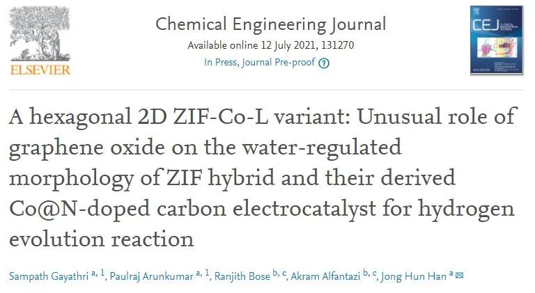 Chem. Eng. J.: GO对ZIF杂化物及其衍生的Co@N掺碳电催化剂的形貌调控并用于HER