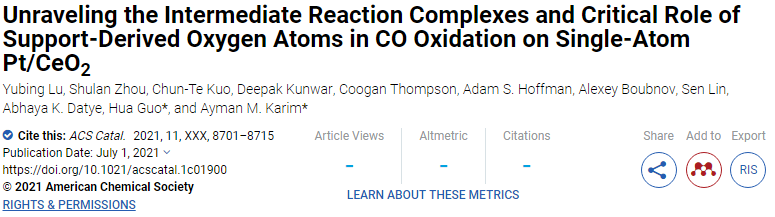 ACS Catal: 阐明单原子Pt/CeO2在CO氧化反应中的中间反应复合物和载体氧原子的关键角色