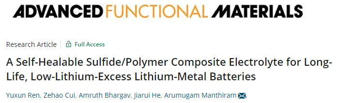 Arumugam Manthiram教授AFM: 用于长寿命、低锂过量锂金属电池的自修复复合电解质