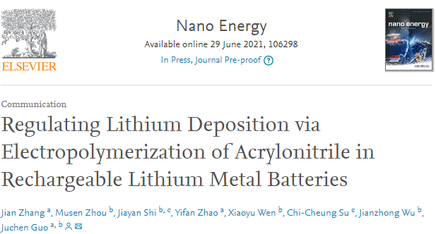 Nano Energy：通过丙烯腈电聚合调节锂金属电池中锂沉积