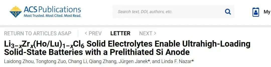 ACS Energy Letters：新型氯化物固体电解质实现预锂化硅负极的超高负载固态电池
