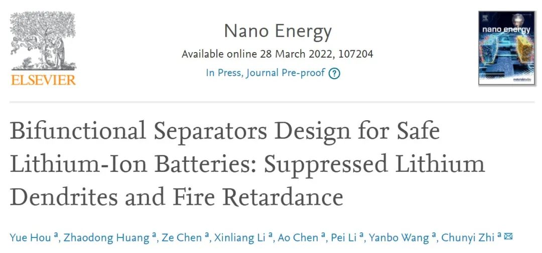 港城大支春义Nano Energy：用于安全锂离子电池的双功能隔膜