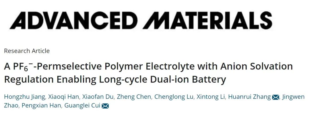 崔光磊/张焕瑞AM：选择性渗透聚合物电解质实现2000次循环双离子电池