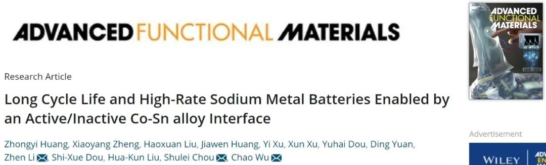 ​吴超/李珍/侴术雷AFM：Co-Sn合金界面促成长循环和高倍率钠金属电池